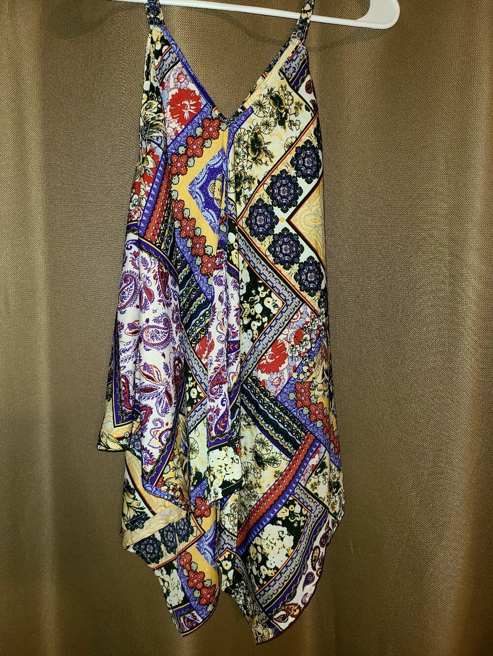 Bohemian Patchwork Print Handkerchief Hem Shirt - Yellow Multi